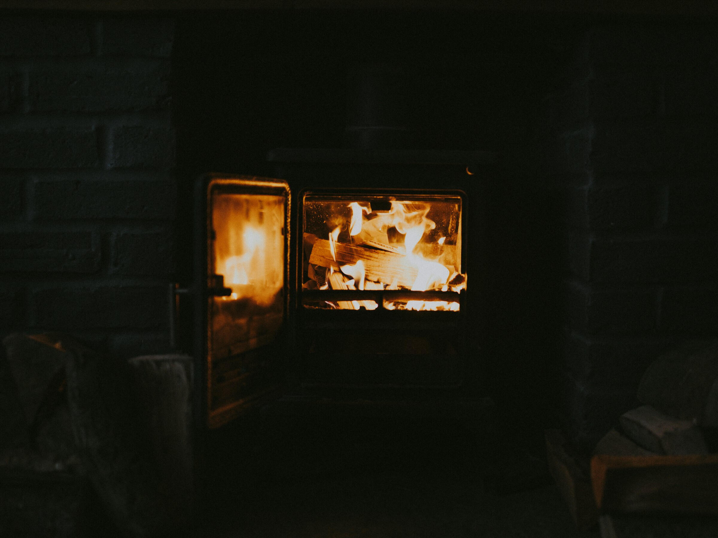 Woodburning stove with fire lit